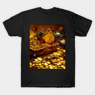 Gold Coins in Dungeon Dragon Treasure Chest Fantasy Art T-Shirt